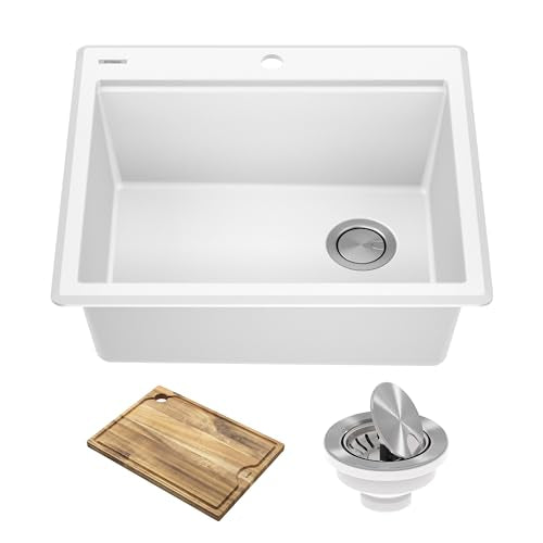 Bellucci 25 inch Granite Workstation Drop In Top Mount Single Bowl Kitchen Sink in White with Accessories (25 Inch / White)