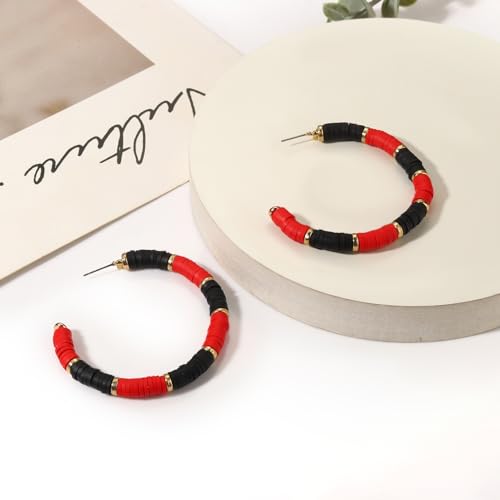 Game Day Earrings Football Baseball Earrings for Women Sports Team Heishi Hoop Earring Football Accessories Outfits Cheer Mom Essentials Fall Sports Must Haves Cheer Gifts (Red Black)