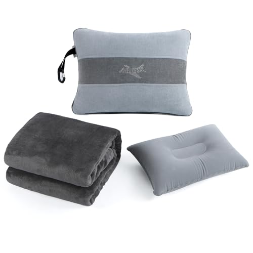 Large Soft Travel Blanket and Inflatable Pillow Set (Gray)