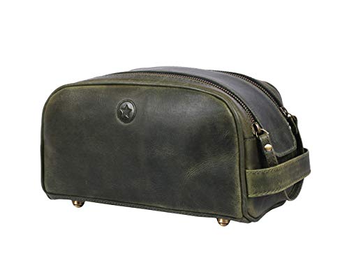 10" Premium Leather Toiletry Travel Pouch With Waterproof Lining Black Color (Green Tawny)