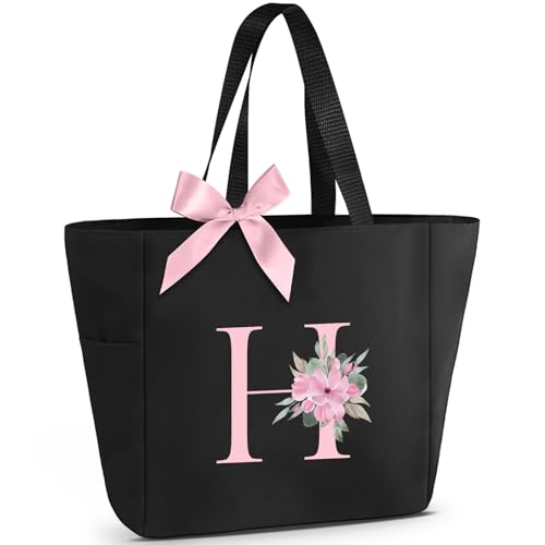 Tote Bag, A-Z Initial Monogrammed Waterproof Tote Bag, Bridesmaid Gifts for Women, Black and Pink (H, Black) (Black)