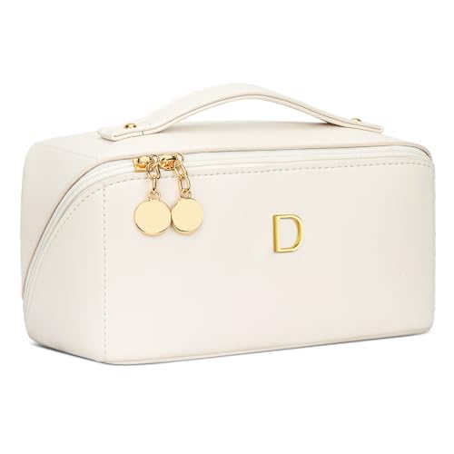 Initial Makeup Bag Personalized Gift for Women Teen Girls (MediumBeige / D)