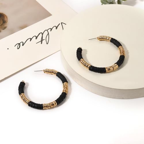 Game Day Earrings Football Baseball Earrings for Women Sports Team Heishi Hoop Earring Football Accessories Outfits Cheer Mom Essentials Fall Sports Must Haves Cheer Gifts (Black Gold)