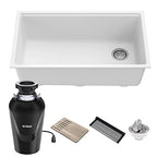 Bellucci Workstation 32 in. Undermount Granite Composite Single Bowl Kitchen Sink in White with Accessories with WasteGuard™ Continuous Feed Garbage Disposal (White / 32 Inch / Sink and Garbage Disposal 3/4 HP)
