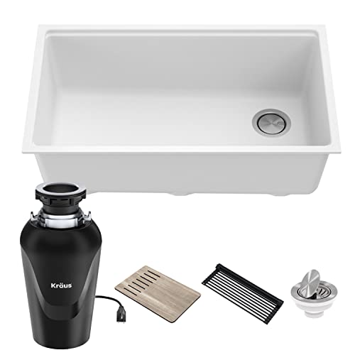 Bellucci Workstation 32 in. Undermount Granite Composite Single Bowl Kitchen Sink in White with Accessories with WasteGuard™ Continuous Feed Garbage Disposal (White / 32 Inch / Sink and Garbage Disposal 3/4 HP)