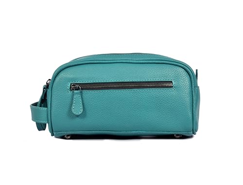 10" Premium Leather Toiletry Travel Pouch With Waterproof Lining (Steel Blue)