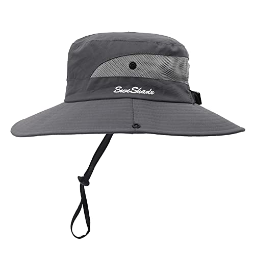 Womens Summer Sun Hat Beach Hat Wide Brim Outdoor UV Protection Hat Foldable Cool Mesh Ponytail Bucket Hat (6-7 / Grey)