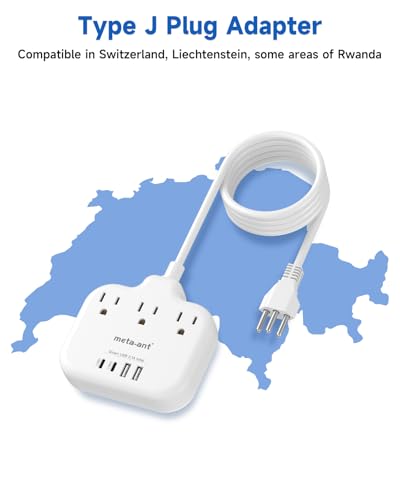 Switzerland Travel Plug Adapter with 5FT Extension Cord (Type J-Switzerland)