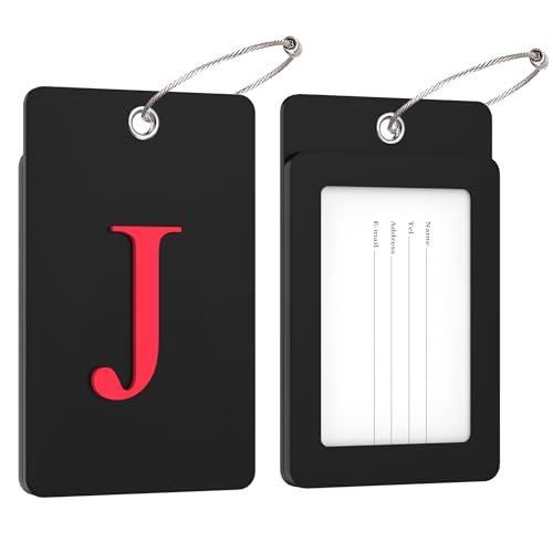2 Pack Initial Luggage Tags for Suitcases Airplane Travel Essentials (Large J / Black)