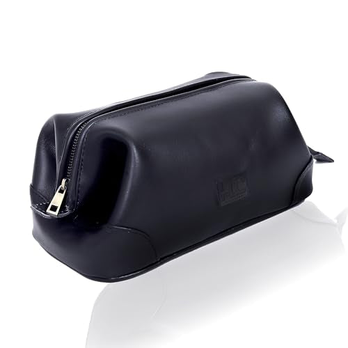 Leather Toiletry Bag for Men Best Gift Premium Genuine Dopp Kit Shaving Kit Organizer Travel Kit Pouch Bag 10 inch Size (Black)