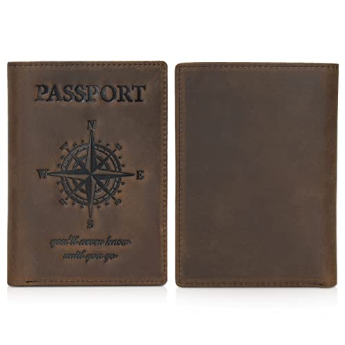 Polare Luxury RFID Blocking Leather Passport Holder Travel Wallet For Men and Women (V Dark Brown Compass)