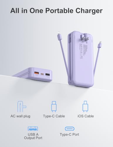 20000mAh Ultra Portable Charger Power Bank with inBuilt Cables&AC Wall Plug (Purple-20Ah)