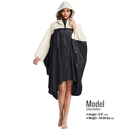 Adult Rain Poncho Waterproof Hooded Zipper Raincoat with Pockets (One Size / A-black-white)