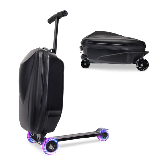 2-in-1 Ride-On Scooter Suitcase for Kids & Adults, 20” Foldable Hardshell Carry-On Luggage for Travel, Lightweight Kids Scooter Bag with Wheels (Black With LED)