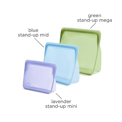 Premium Reusable Silicone Bags and Lunch Bag (Lavender + Blue + Green / 3-Pack)