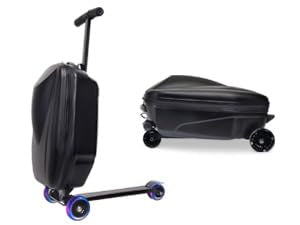 2-in-1 Ride-On Scooter Suitcase for Kids & Adults, 20” Foldable Hardshell Carry-On Luggage for Travel, Lightweight Kids Scooter Bag with Wheels (Black With LED)