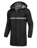 Men's Long Raincoats Lightweight Hooded Rain Jackets Waterproof Packable Outdoor Hiking Reflective Stripe Jacket (Silver Strip/Black / Small)