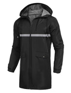Men's Long Raincoats Lightweight Hooded Rain Jackets Waterproof Packable Outdoor Hiking Reflective Stripe Jacket (Silver Strip/Black / Small)