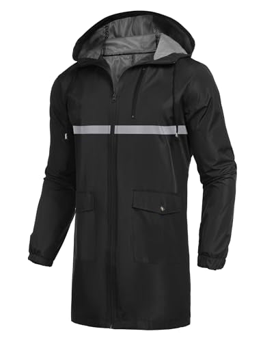Men's Long Raincoats Lightweight Hooded Rain Jackets Waterproof Packable Outdoor Hiking Reflective Stripe Jacket (Silver Strip/Black / XX-Large)
