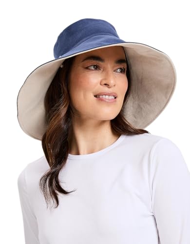 Women's Ultra Wide Cotton Linen Hat UPF 50+ (Large-X-Large / Navy / Beige)