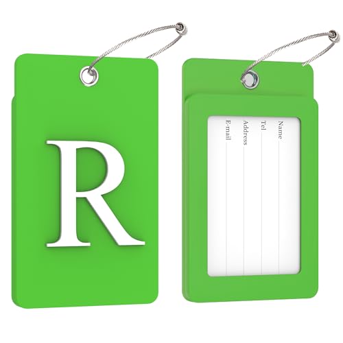 2 Pack Initial Luggage Tags for Suitcases Airplane Travel Essentials (Large R / Green)