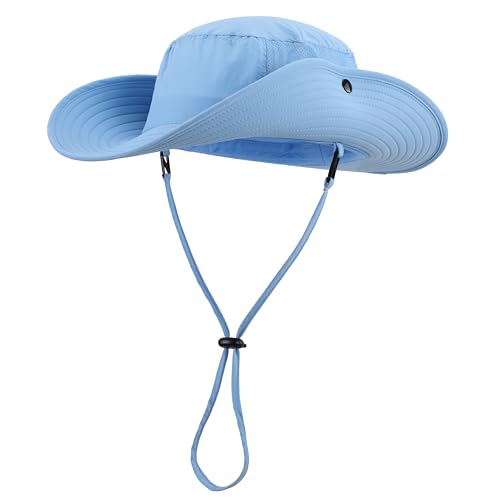 UPF50+ Mens Sun Hat Wide Brim Womens UV Protection Beach Bucket Hat for Fishing Hiking Snap Up Cowboy Hat (One Size / Light Blue)