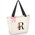 Tote Bag, A-Z Initial Monogrammed Waterproof Tote Bag, Bridesmaid Gifts for Women, Black and Pink (R, Beige) (Beige)