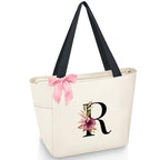 Tote Bag, A-Z Initial Monogrammed Waterproof Tote Bag, Bridesmaid Gifts for Women, Black and Pink (R, Beige) (Beige)