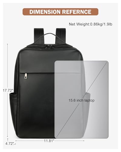 15.6 inch PU Leather Laptop Backpack Purse for Women (Black)
