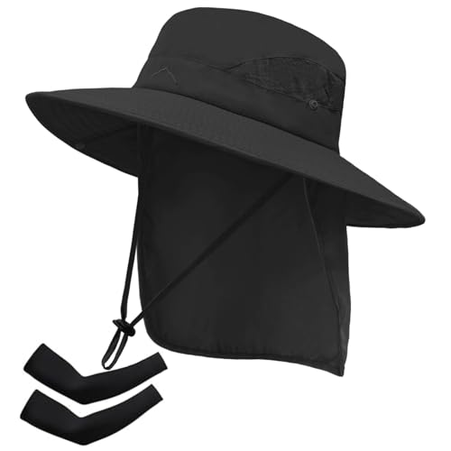 Sun Hat for Men Women Fishing Hat with Neck Flap Wide Brim Bucket Hat UV Protection for Beach Camping Hiking (Black-with Cooling Sleeves)