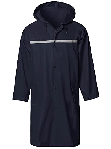Mens Long Hooded Safety Rain Jacket Waterproof Emergency Raincoat Poncho (X-Large / Navy)