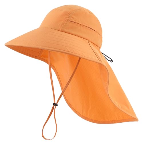 UPF 80+ Sun Hat for Men Women Wide Brim Sun Hat with Neck Flap Summer Beach UV Protection Gardening Fishing Hat (Muskmelon Orange)