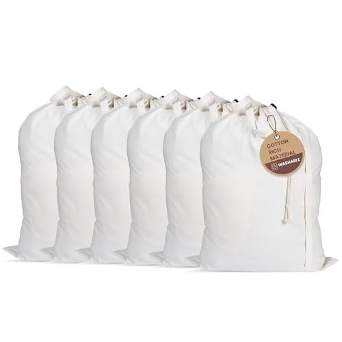 LFH Home Cotton Rich Large Laundry Bag with Handle (20”x30” (Pack of 6) / White)