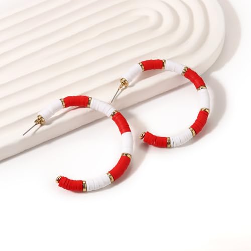 Game Day Earrings Football Baseball Earrings for Women Sports Team Heishi Hoop Earring Football Accessories Outfits Cheer Mom Essentials Fall Sports Must Haves Cheer Gifts (Red White)