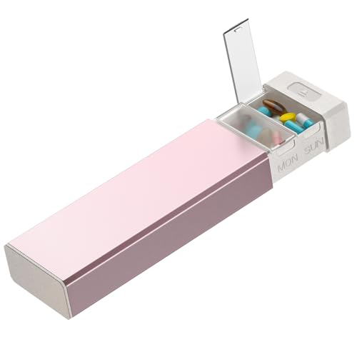Metal Pill Organizer with 7 Separate Compartments for Pills Storage (Updated Pink)