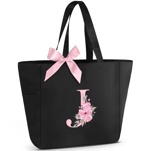 Tote Bag, A-Z Initial Monogrammed Waterproof Tote Bag, Bridesmaid Gifts for Women, Black and Pink (J, Black) (Black)