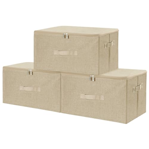 Fabric Storage Bins with Zipper Lids (Beige / Large (Pack of 3))
