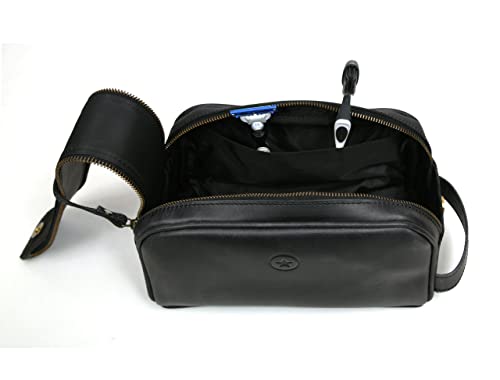 10" Premium Leather Toiletry Travel Pouch With Waterproof Lining Black Color (Florida Black)
