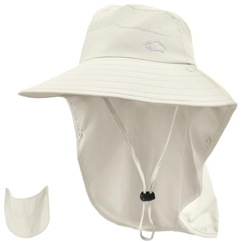 Sun Hat for Men Women with Neck Flap& Removable Face Cover Wide Brim (1pack-ivory)
