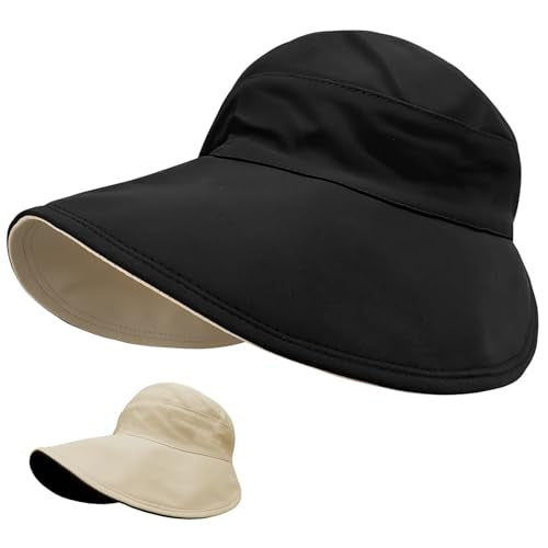 Sun Hats for Womens Wide Brim UV Protection Fishing Hats Packable Reversible Hollow Top Sun Hat for Women Hat for Ponytail Black (Black)