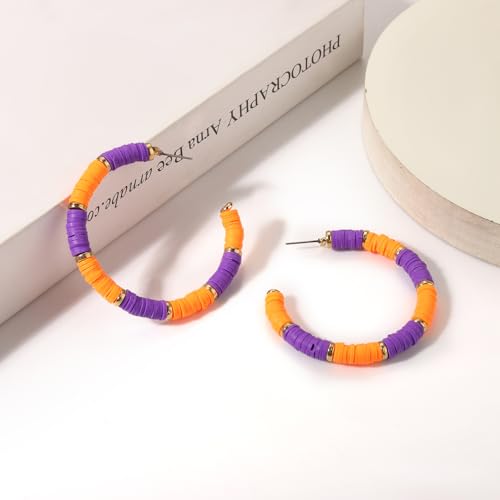Game Day Earrings Football Baseball Earrings for Women Sports Team Heishi Hoop Earring Football Accessories Outfits Cheer Mom Essentials Fall Sports Must Haves Cheer Gifts (Orange Purple)
