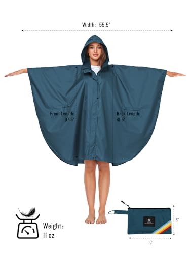 Unisex Rain Poncho Hooded Waterproof Raincoat for Adults Women (Deep Blue)