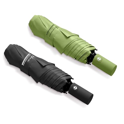 Small Compact Travel Umbrella with UV Protection for Sun & Rain (K-2 Pack Macha Green & Black)