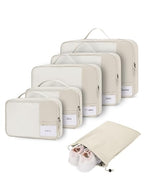 6 Set Packing Cubes for Travel Durable Suitcase Organizer Bags Set with Personalized Tag Travel Essentials with Shoe Bag Traveling Accessories for Luggage Machine Washable (Set of 6 / No Compress-Beige)