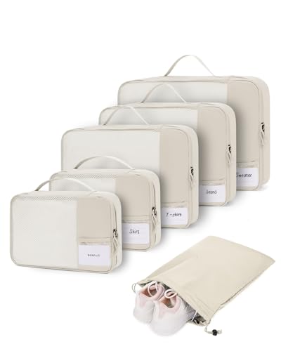 6 Set Packing Cubes for Travel Durable Suitcase Organizer Bags Set with Personalized Tag Travel Essentials with Shoe Bag Traveling Accessories for Luggage Machine Washable (Set of 6 / No Compress-Beige)