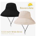 Womens Sun Hats Wide Brim Reversible Bucket Cotton Hat Packable Summer Travel Cap with Hat Clip (Large / Black+beige)