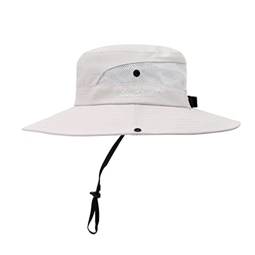 Womens Summer Sun Hat Beach Hat Wide Brim Outdoor UV Protection Hat Foldable Cool Mesh Ponytail Bucket Hat (6-7 / Beige)