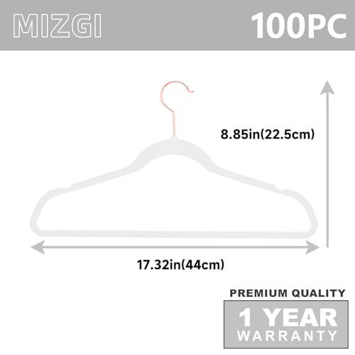 White Velvet Hangers 100 Pack Non Slip Heavy Duty Rose Gold Hooks (White/Rose Gold / 100-Pack)
