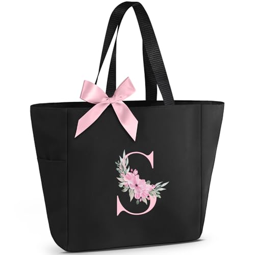 Tote Bag, A-Z Initial Monogrammed Waterproof Tote Bag, Bridesmaid Gifts for Women, Black and Pink (S, Black) (Black)
