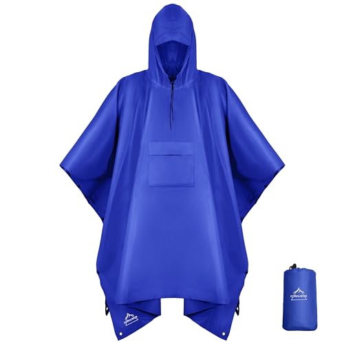 Hooded Rain Poncho Lightweight Waterproof Unisex Raincoat Jacket with Pocket for Men Women Adult (One Size / Blue)